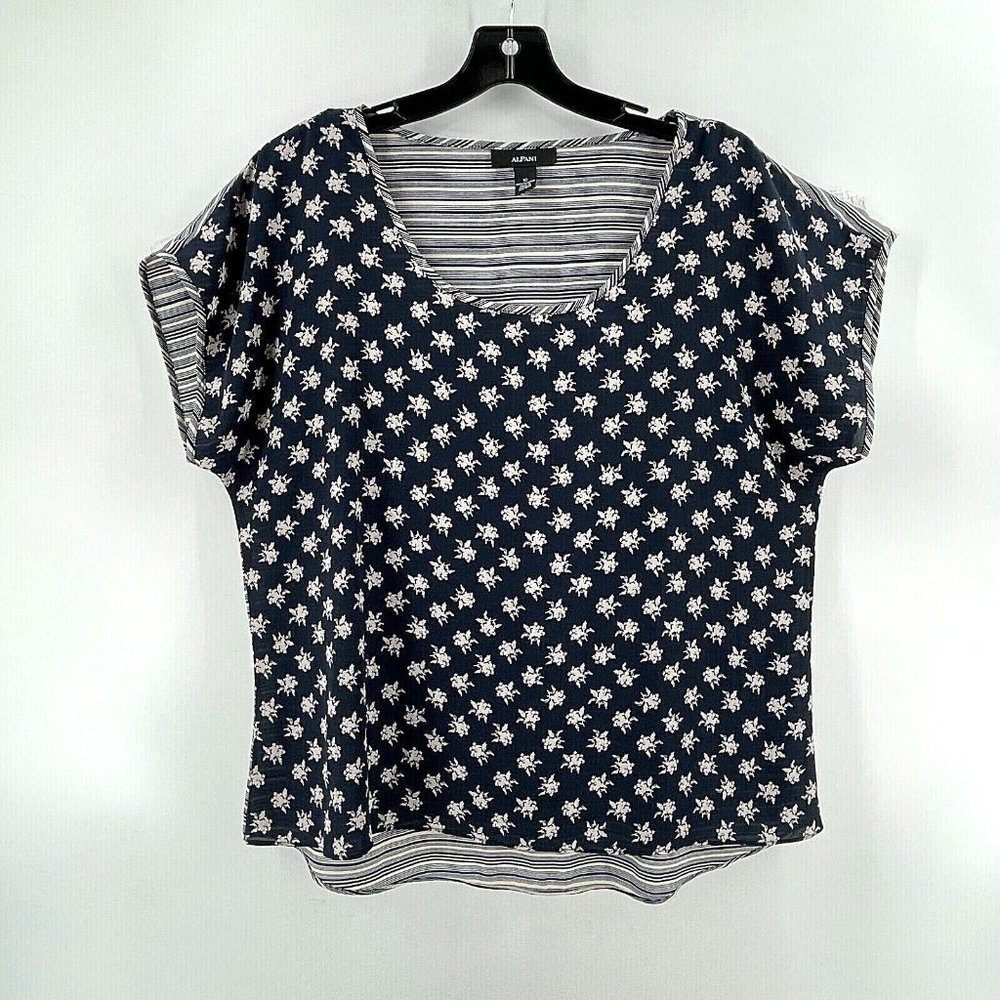 Alfani Women's Blue White Floral Stripe Top Blouse Shirt Sleeveless Size 10